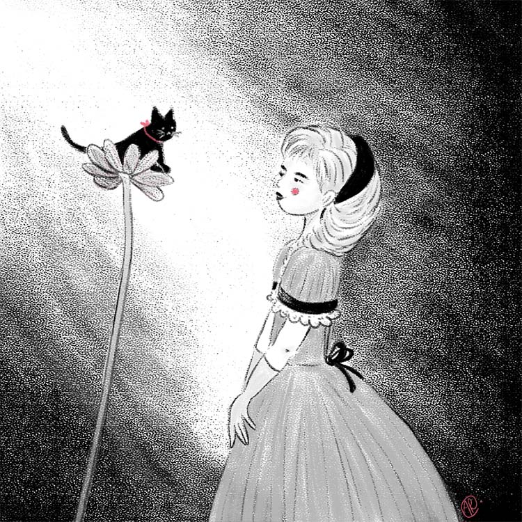Illustration en noir et blanc d'une jeune femme en robe de bal contemplant un chat noir perché sur une fleur, seule touche de couleur un ruban rose autour du cou du chat.
